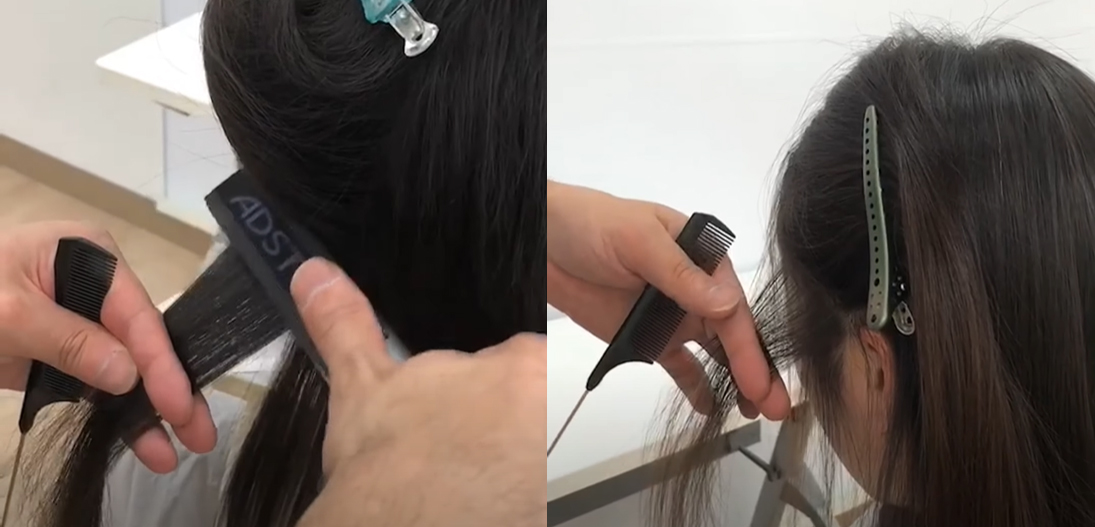 アイロン操作

毛髪全体にツヤを感じる位にアイロンを行います。

もみあげ付近や、顔回りのクセが強い部分はセクションを取り分け細かくアイロンを行います。