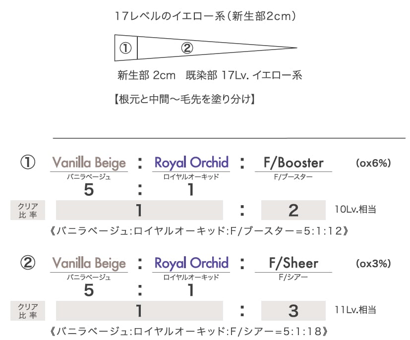 カラーレシピ

根元と中間 ～ 毛先を塗り分け。
①新生部 2cm
バニラベージュ：ロイヤルオーキッド：F / ブースター = 5：1：12 OX6%(10Lv.相当)

②中間 ～ 毛先 17Lv.
バニラベージュ：ロイヤルオーキッド：F / シアー = 5：1：18 OX3%(11Lv.相当)