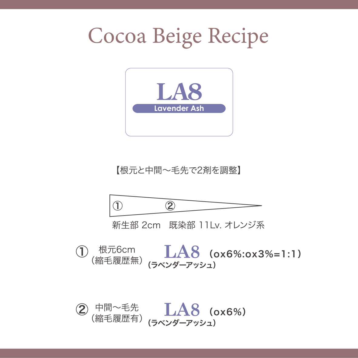 カラーレシピ

根元と中間 ～ 毛先で2剤を調整
①根元6cm(縮毛履歴無) / LA8(OX6％：OX3% = 1：1)
②中間 ～ 毛先 11Lv(縮毛履歴有) / LA8 OX6％