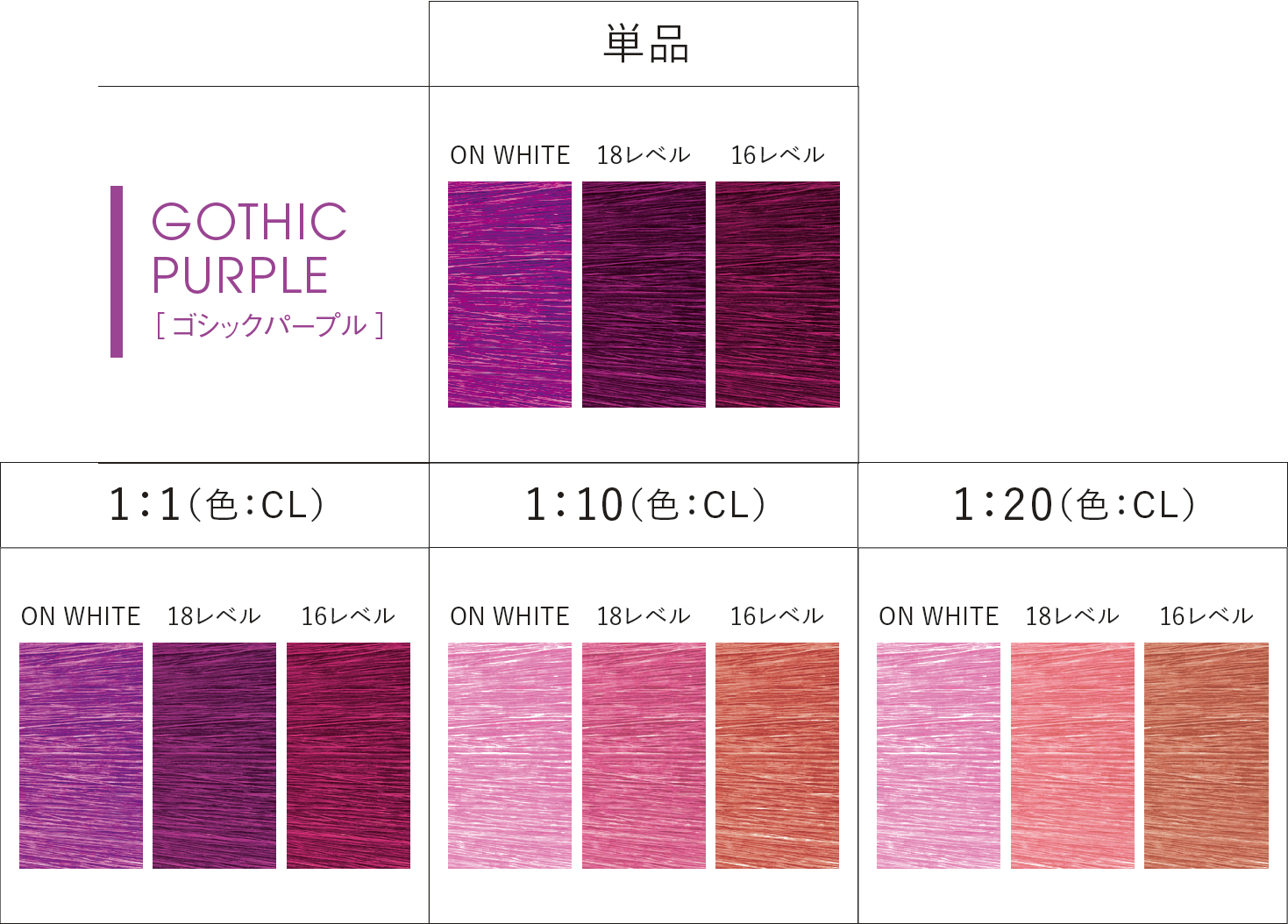 GOTHIC PURPLE(ゴシックパープル)
強烈な鮮やかさでゴージャス感を与える赤味よりのパープル。