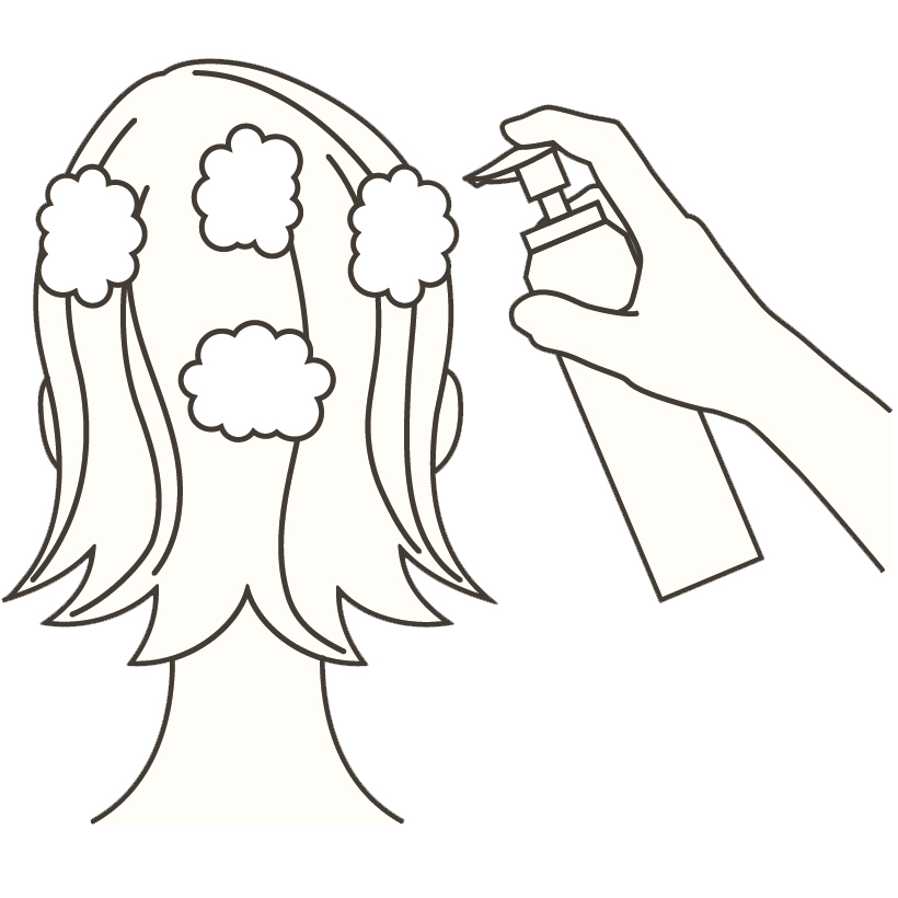 スキャルプパック

濃密泡で頭皮パック。

炭酸洗顔フォームをよく振り頭皮に直接スプレーします。
※図の4箇所、または痒みの強い部分。

手のひらで泡を潰しながらなじませ、頭皮を軽くマッサージし、3 ～ 5分置きます。